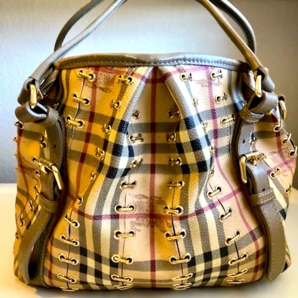 BURBERRY Lowry Tote Bag Red Knights Haymarket Check w Sage Trim Italy MSRP $1696 - Picture 2 of 8